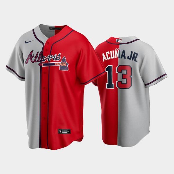 Men's Atlanta Braves #13 Ronald Acuna Jr. Gray/Red Split Cool Base Stitched Baseball Jersey Men's Atlanta Braves #13 Ronald Acuna Jr. Gray/Red Split Cool Base Stitched Baseball Jersey